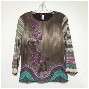 Anne Klein Women’s 3/4 Sleeve Lined Pullover Top Brown Paisley Zig Zag Print M